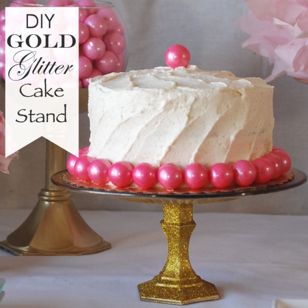Transform a Dollar Store glass plate and candlestick into a beautiful gold glitter cake stand!