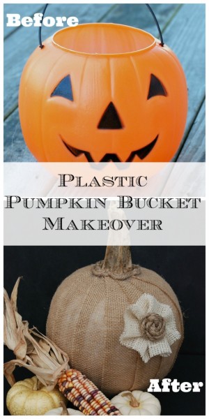Upcycle a dollar store plastic pumpkin bucket into a gorgeous burlap-covered pumpkin!