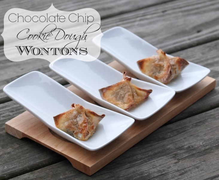 Crispy, cinnamon sugar-topped, chocolate chip cookie dough-filled baked wontons. Holy moly, these look amazing!