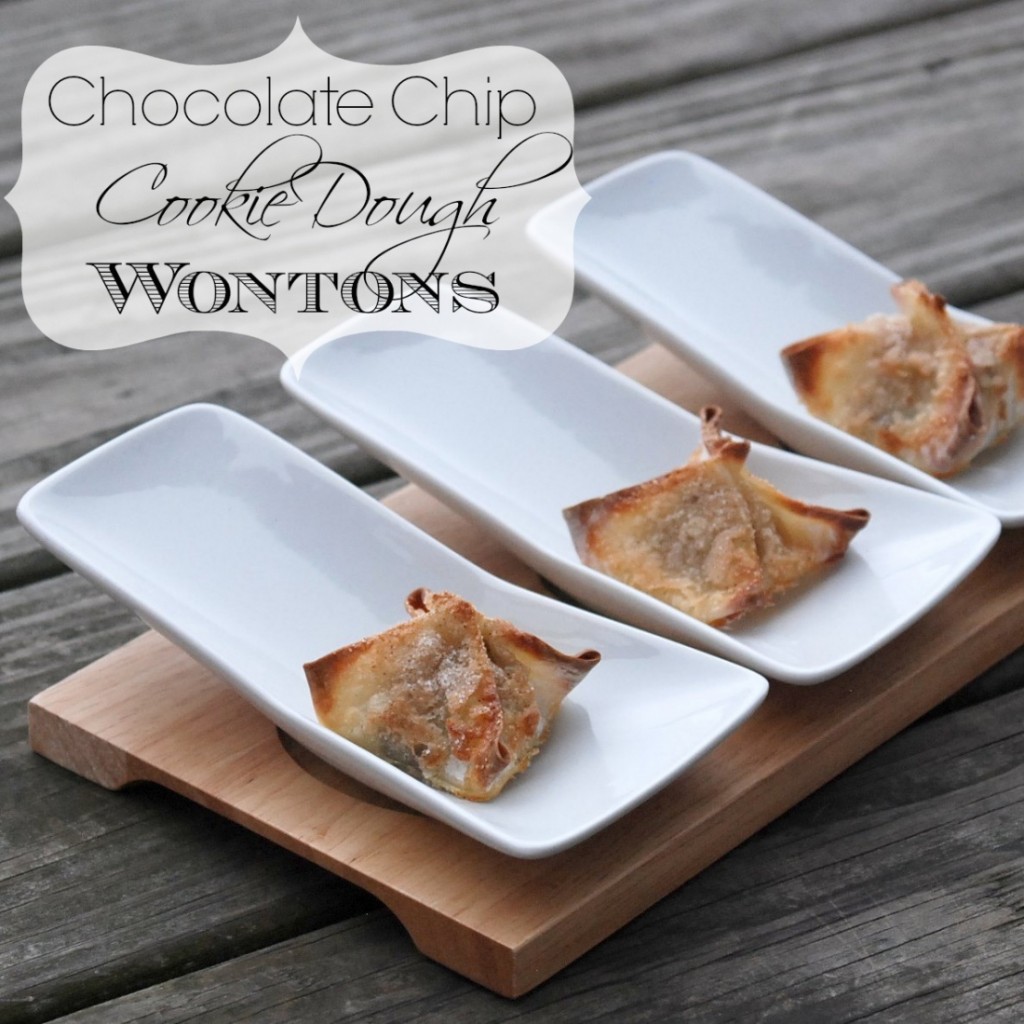 Crispy, cinnamon sugar-topped, chocolate chip cookie dough-filled baked wontons. Holy moly, these look amazing!