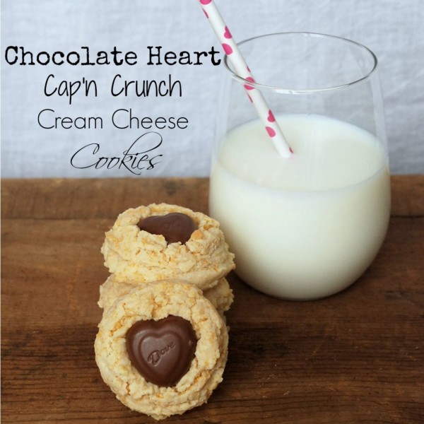 These cookies have cream cheese and Cap'n Crunch cereal in them and are topped off with a chocolate heart. Perfect for Valentine's Day, or any day!