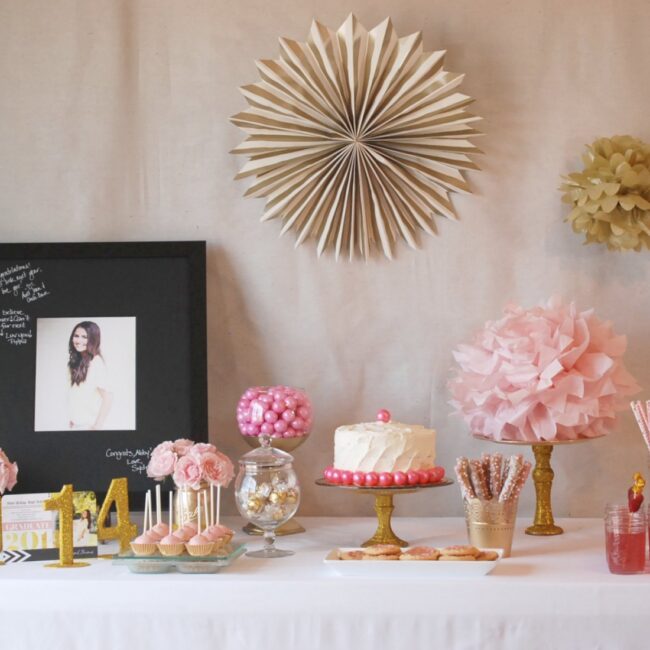 An absolutely beautiful pink and gold graduation party, filled with DIY ideas and inspired by Tiny Prints' new line of invitations.