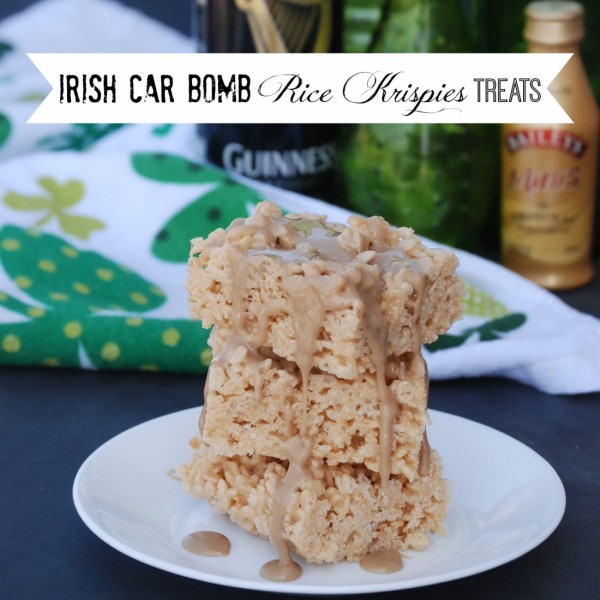 Irish Car Bomb Rice Krispies Treats - the treats have Bailey's in them and they're topped with a Guinness glaze. Delicious!!