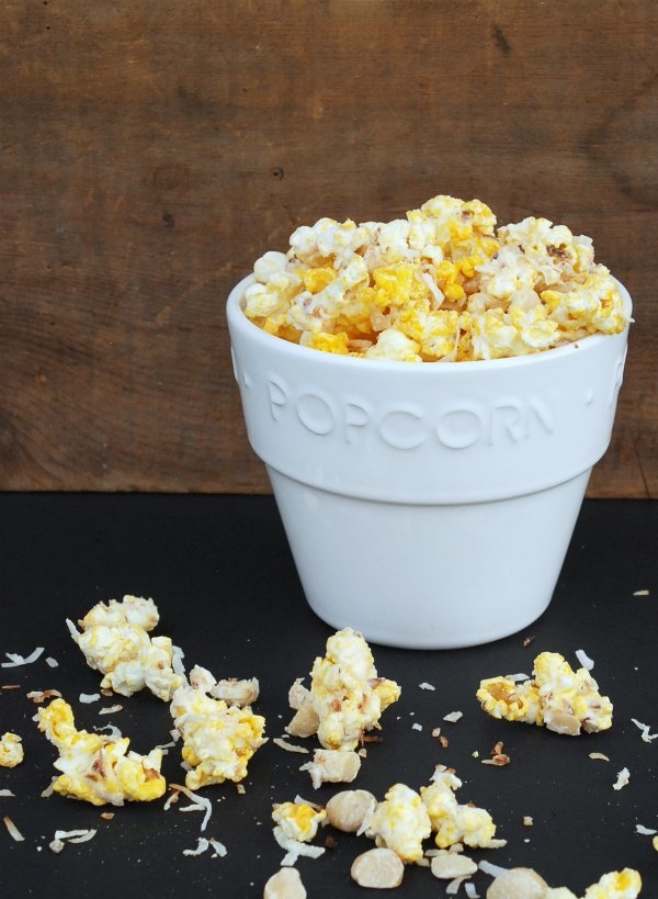 White Chocolate Macadamia Nut Popcorn with Toasted Coconut. Quick, easy and amazingly delicious!