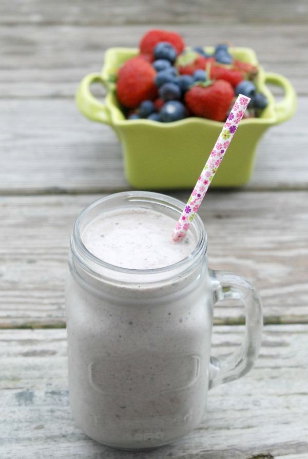 This delicious shake features strawberries, blueberries and Greenberry Shakeology {but you could use vanilla or strawberry Shakeology instead, or even regular protein powder}. Plus a crazy secret ingredient that you will never believe!