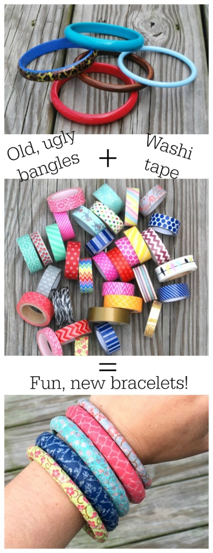 It's hard to believe these bangles are made with thrift-store bracelets and washi tape. You can make them in just minutes!