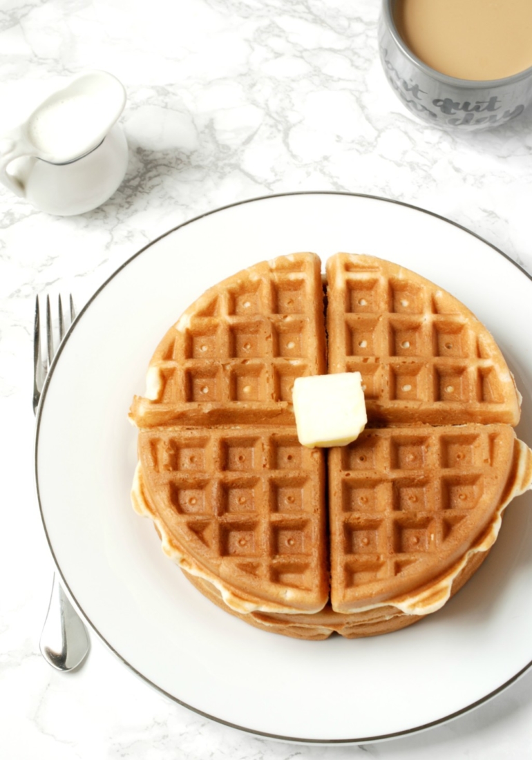 Sweet, crispy waffles made from boxed pancake/waffle mix but jazzed up with a secret ingredient. #ad #splashofdelight