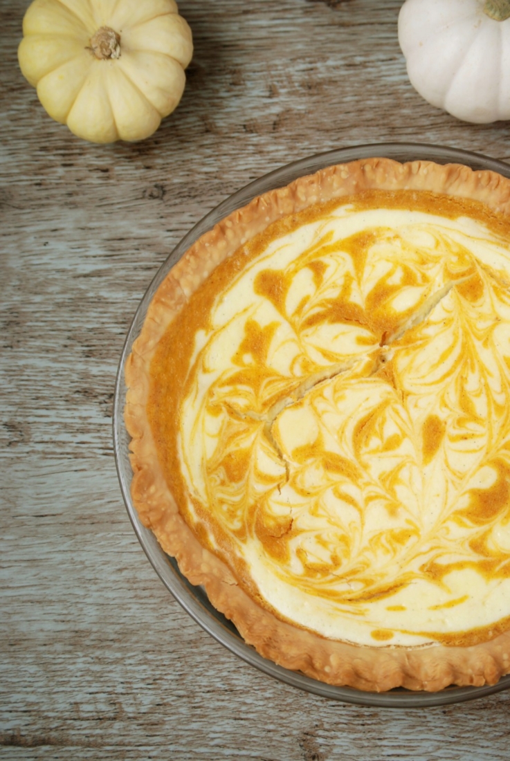 For a twist on a traditional pumpkin pie, bake in a swirl of cheesecake!