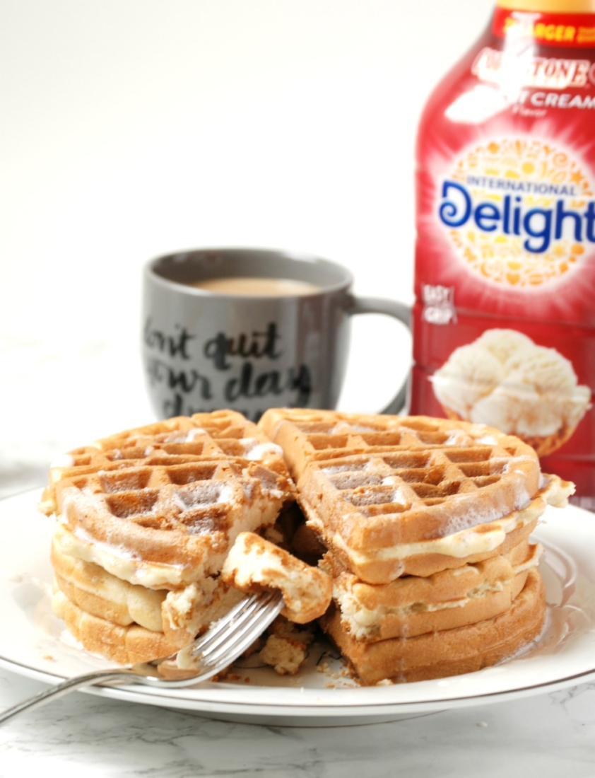 Sweet, crispy waffles made from boxed pancake/waffle mix but jazzed up with a secret ingredient. #ad #splashofdelight