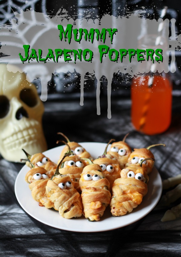 The mummy jalapeno poppers are almost too cute to eat! What a great addition to your Halloween buffet!