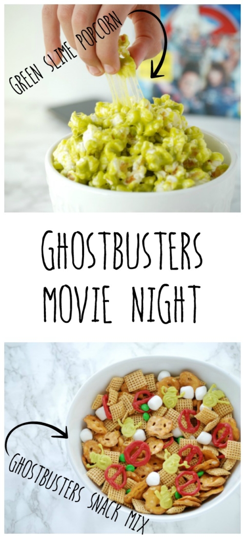 Plan a movie night for the new Ghostbusters movie with a Ghostbusters snack mix and green slime popcorn. #CatchMoreData #Ghostbusters #ad