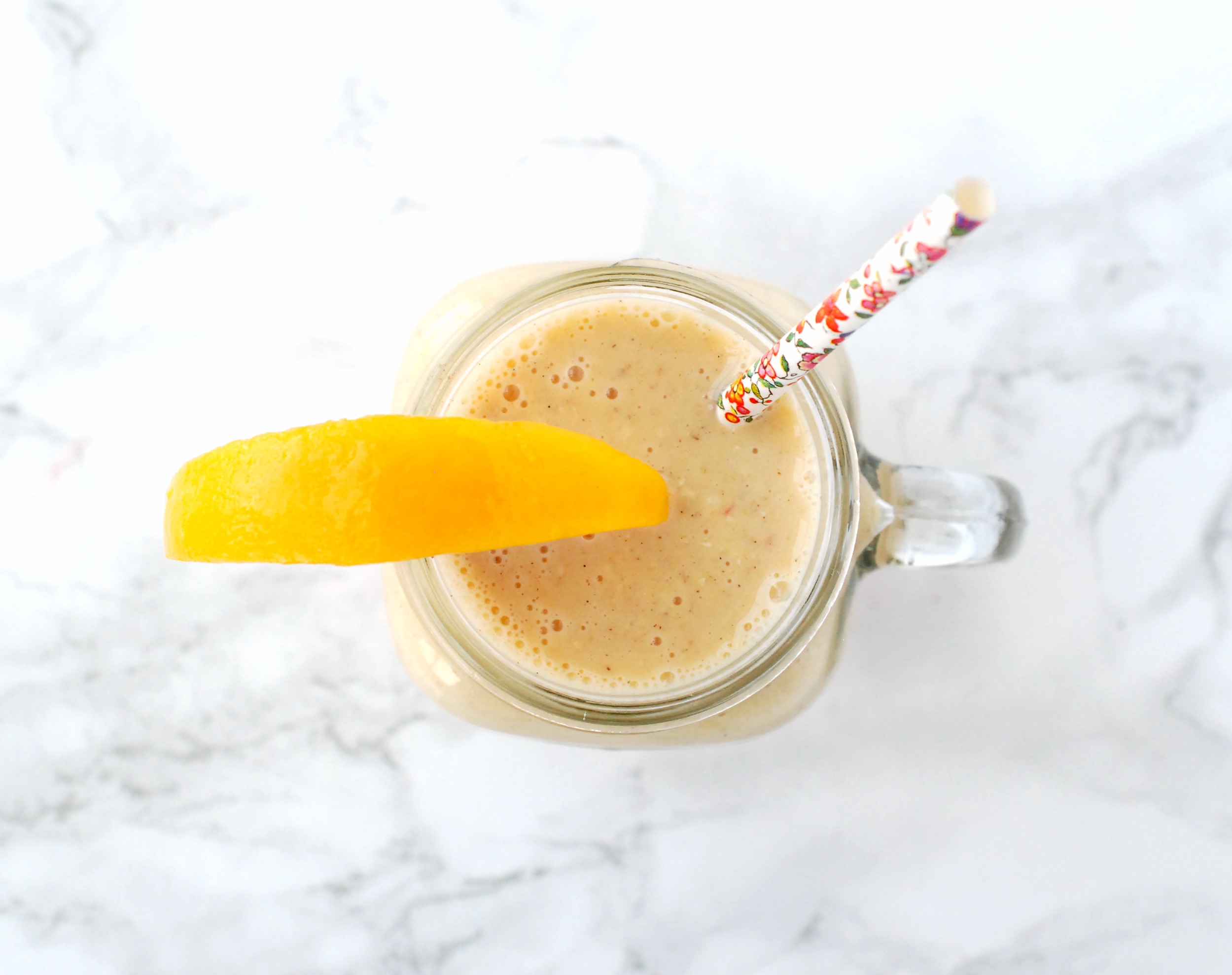 A rich, creamy and delicious smoothie that tastes just like peach cobbler. Perfect for a snack, dessert or breakfast on the go!