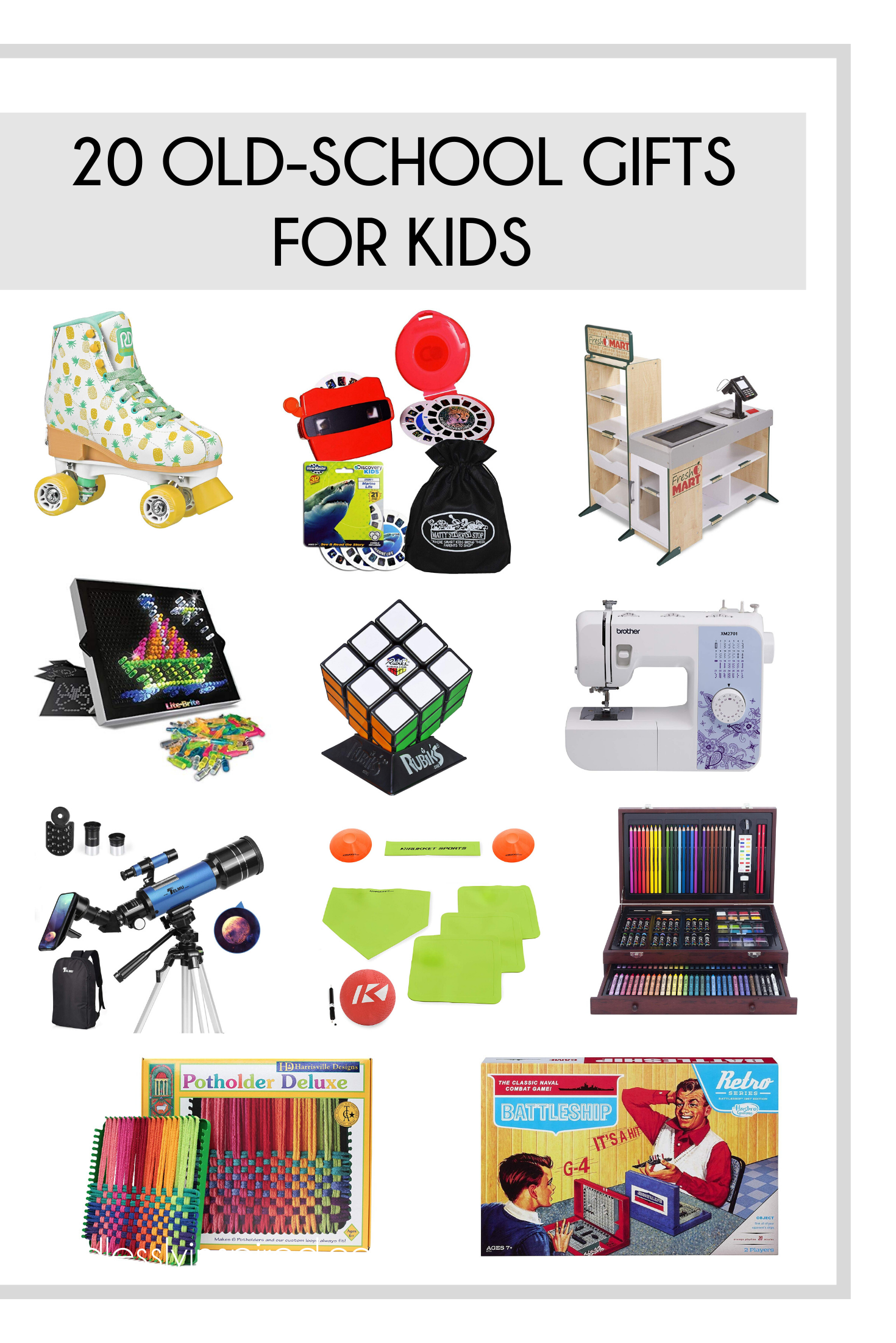 A collage of old-school gifts for kids